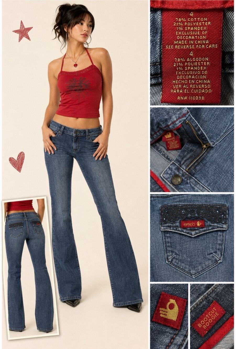 Y2K Indie Sleaze 2000s Sasson Bootcut Jeans Size 4 Medium Wash Embellished Denim